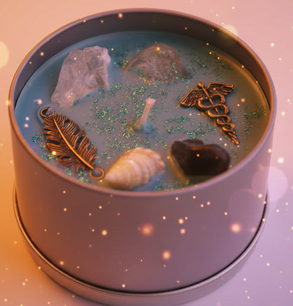 Teal candle in a tin with decorative elements on a white background