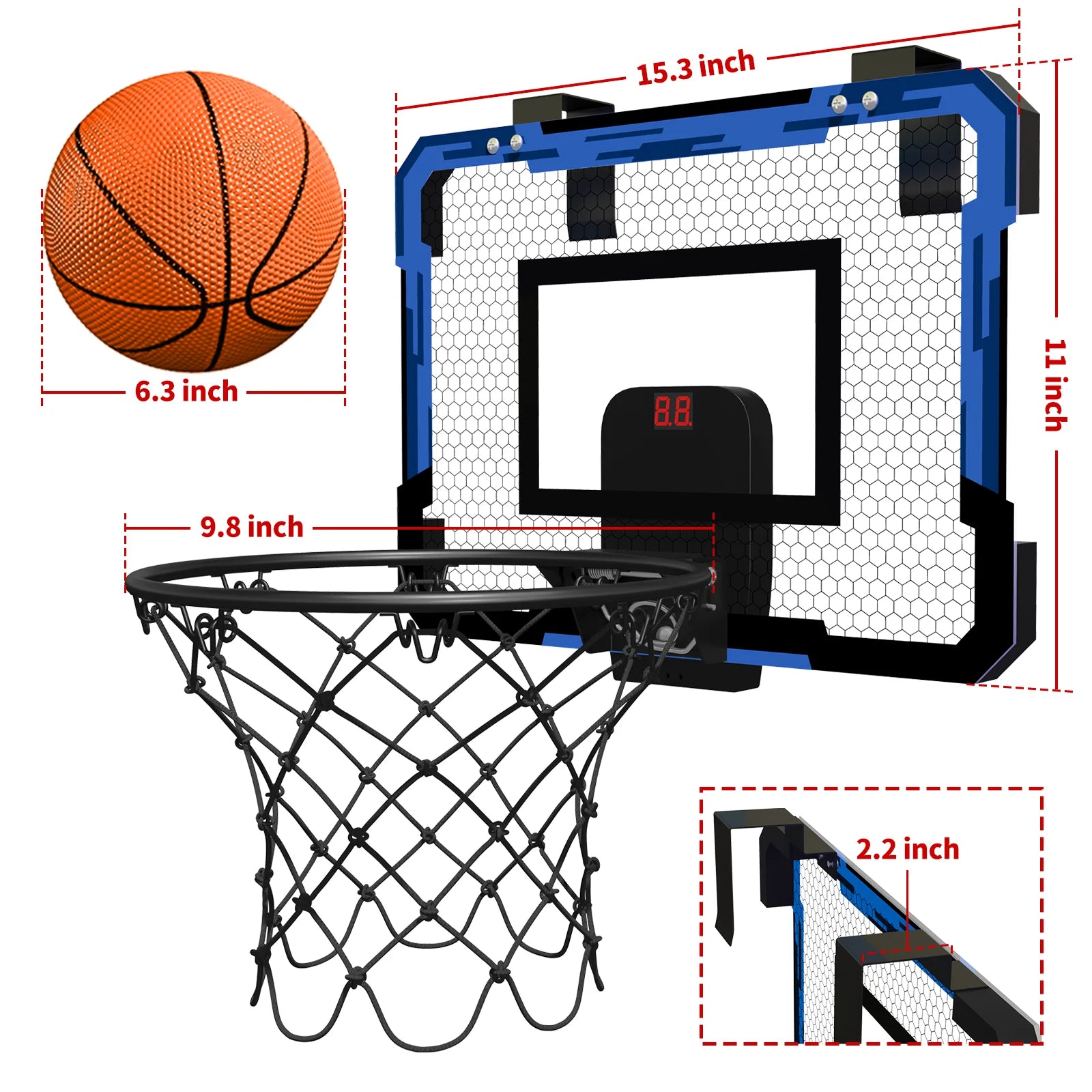Basketball hoop set with dimensions labeled on a white background