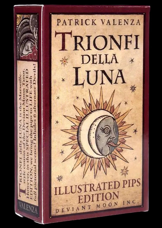 Card game box titled 'Trionfi della Luna' with moon and star design on a beige background.