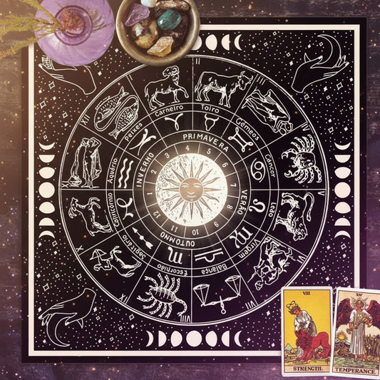 Astrological chart with zodiac signs on a dark background, surrounded by tarot cards and crystals.