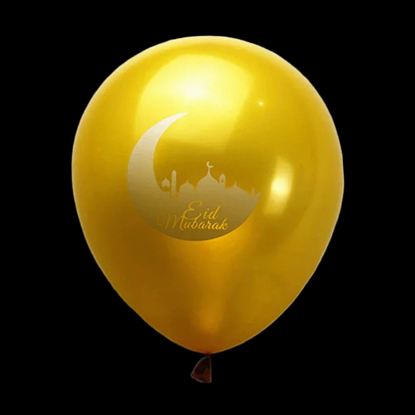 Gold balloon with 'Eid Mubarak' text and crescent moon design on a white background