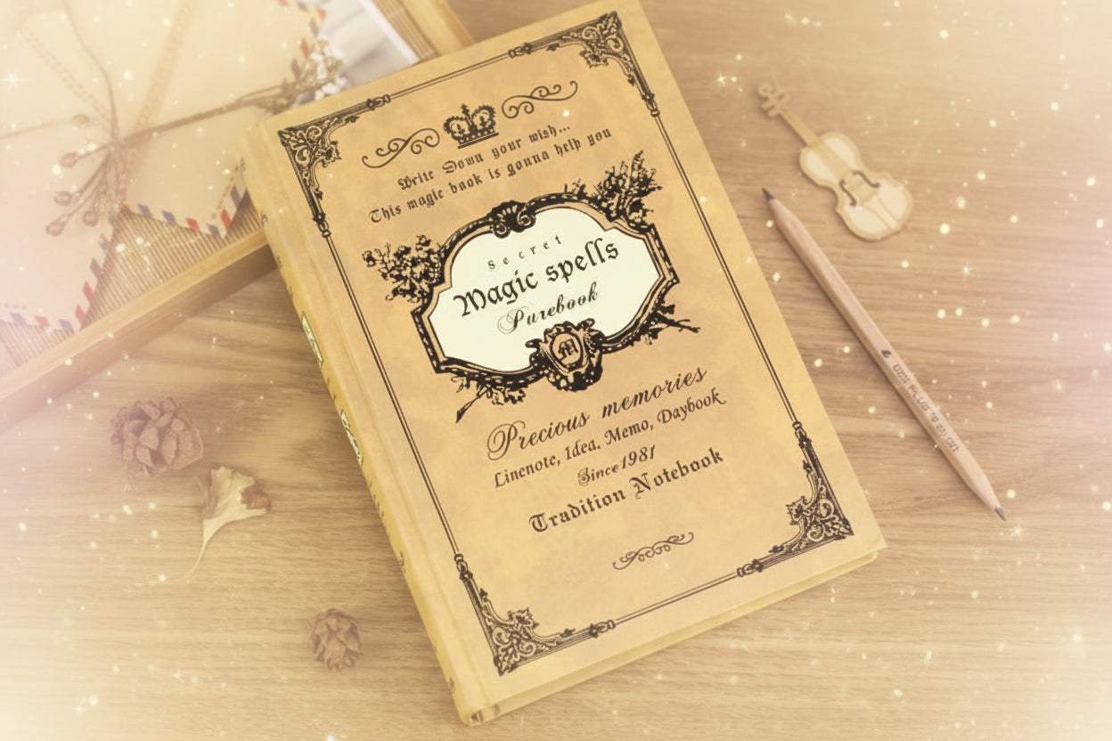 Vintage-style notebook with decorative cover on a wooden surface