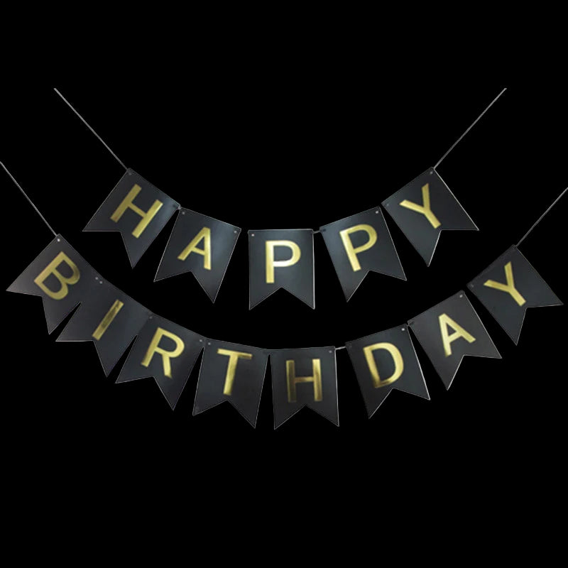 Black and gold 'Happy Birthday' banner on a white background