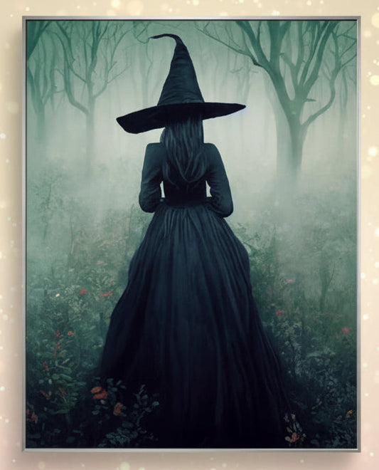 Framed artwork of a witch in a forest on a wall in a modern interior setting.
