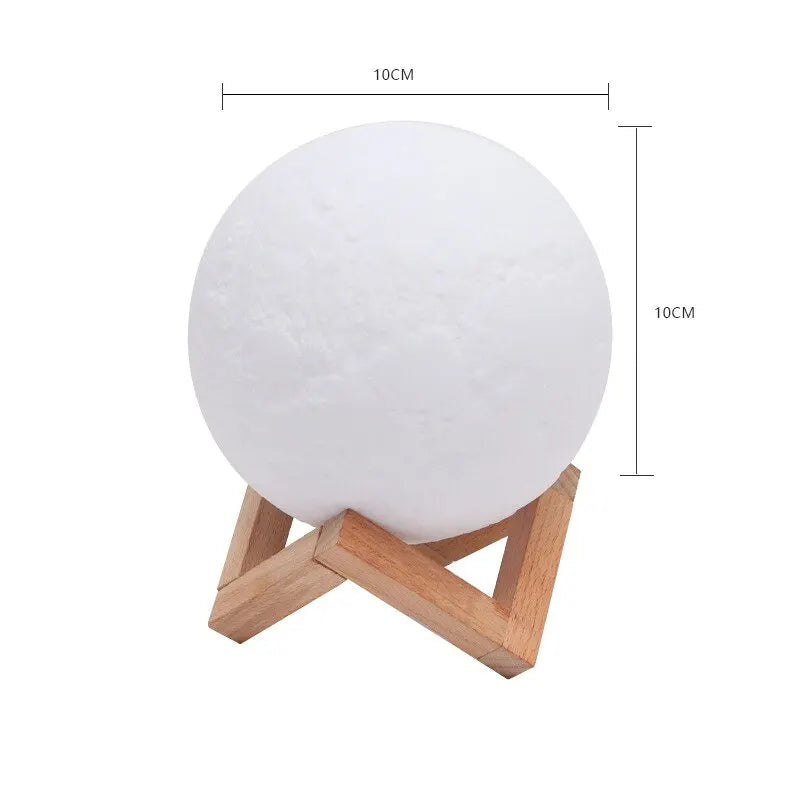 Moon lamp with wooden stand and measurement details on a white background