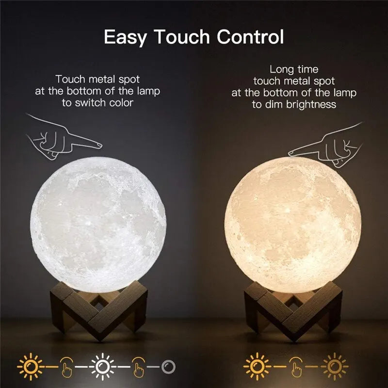 Two moon lamp options with text on easy touch control and color switching.