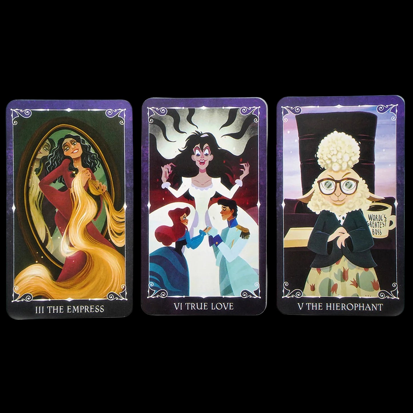 Three tarot cards featuring characters from Disney's 'Beauty and the Beast' on a white background.