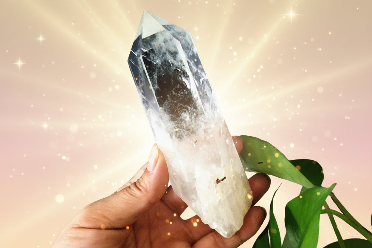 Crystal held in a hand with a dark background