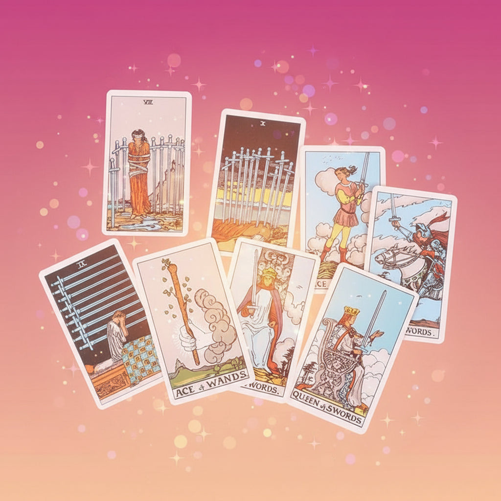 Set of tarot cards with various illustrations on a white background