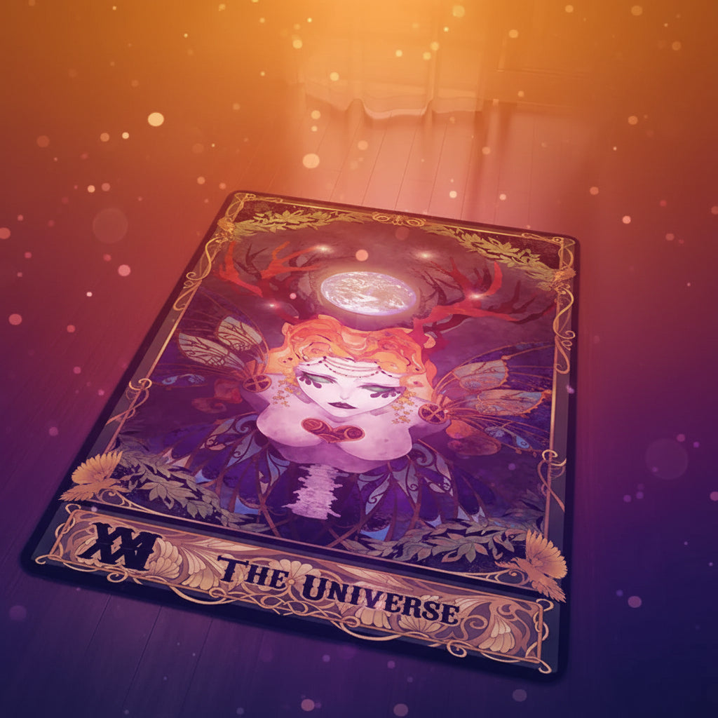 Decorative rug with 'The Universe' design on a wooden floor.