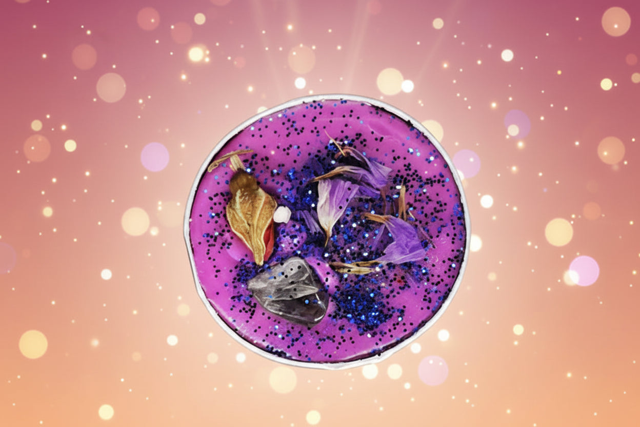 Purple dessert with decorative elements on a pink background