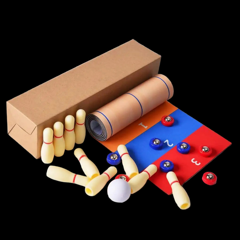 Miniature bowling set with pins, ball, and numbered mat on a white background