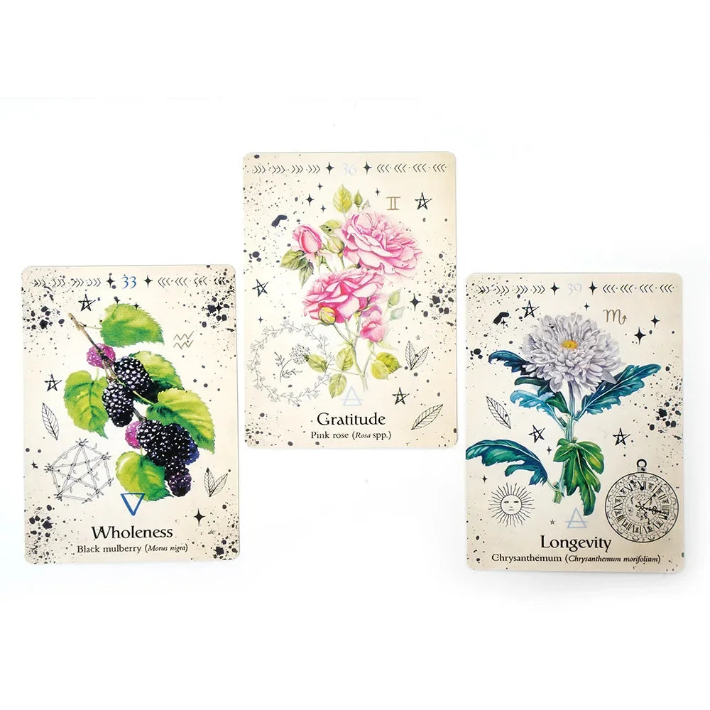 Three tarot cards with floral designs and text on a white background
