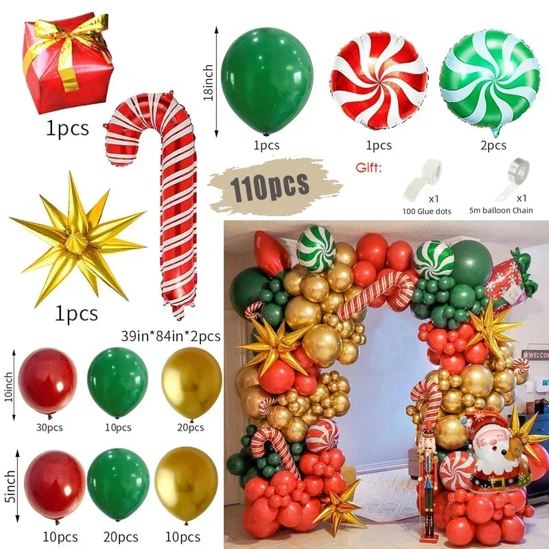 Collection of Christmas-themed balloons and decorations with measurements and quantities.