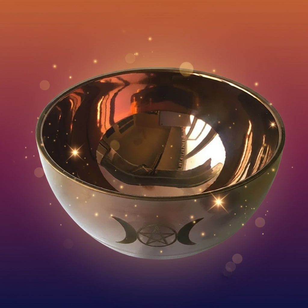 Copper-colored bowl with a pentacle symbol on a white background