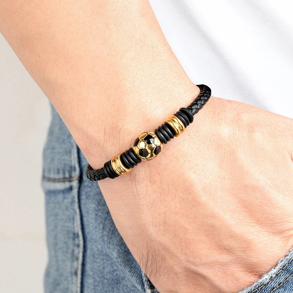 Leather Bracelet Black Stainless Steel Football Hand-Woven Men's Jewelry Gift