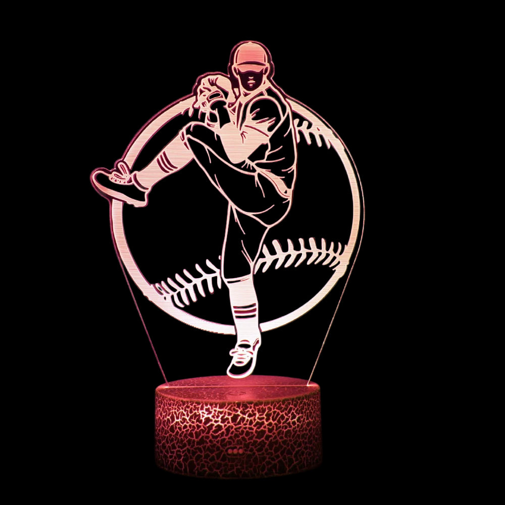 Baseball player night light with red glow on a black background