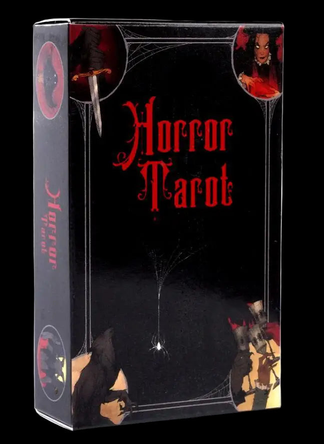 Box of 'Horror Tarot' with dark design and red text on a white background
