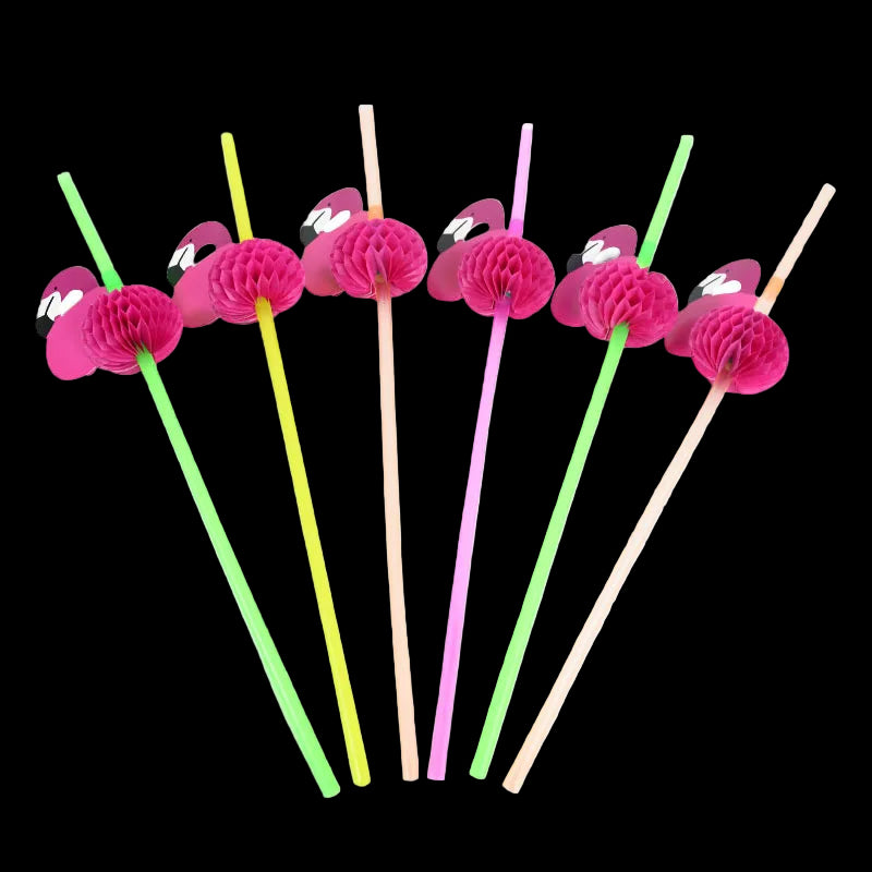 Set of colorful straws with flamingo-shaped ends on a white background