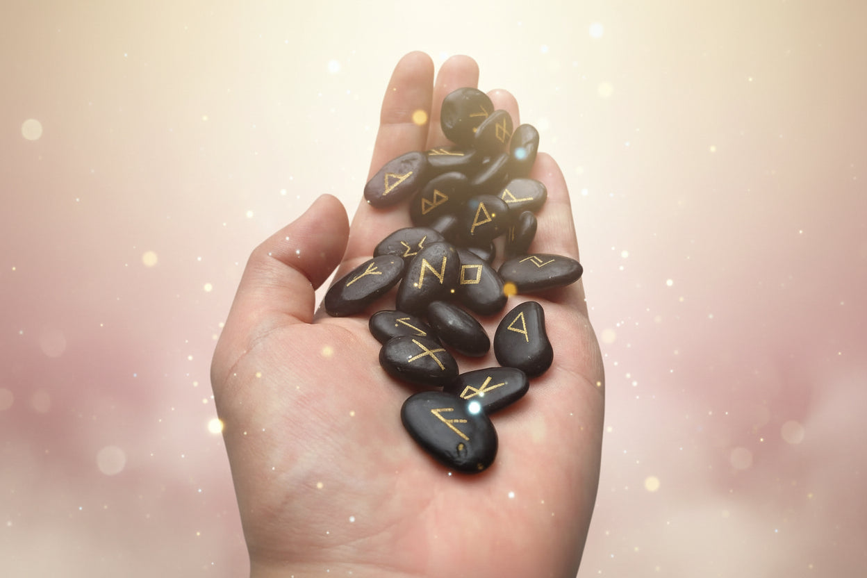 Hand holding black stones with gold runes against a white background