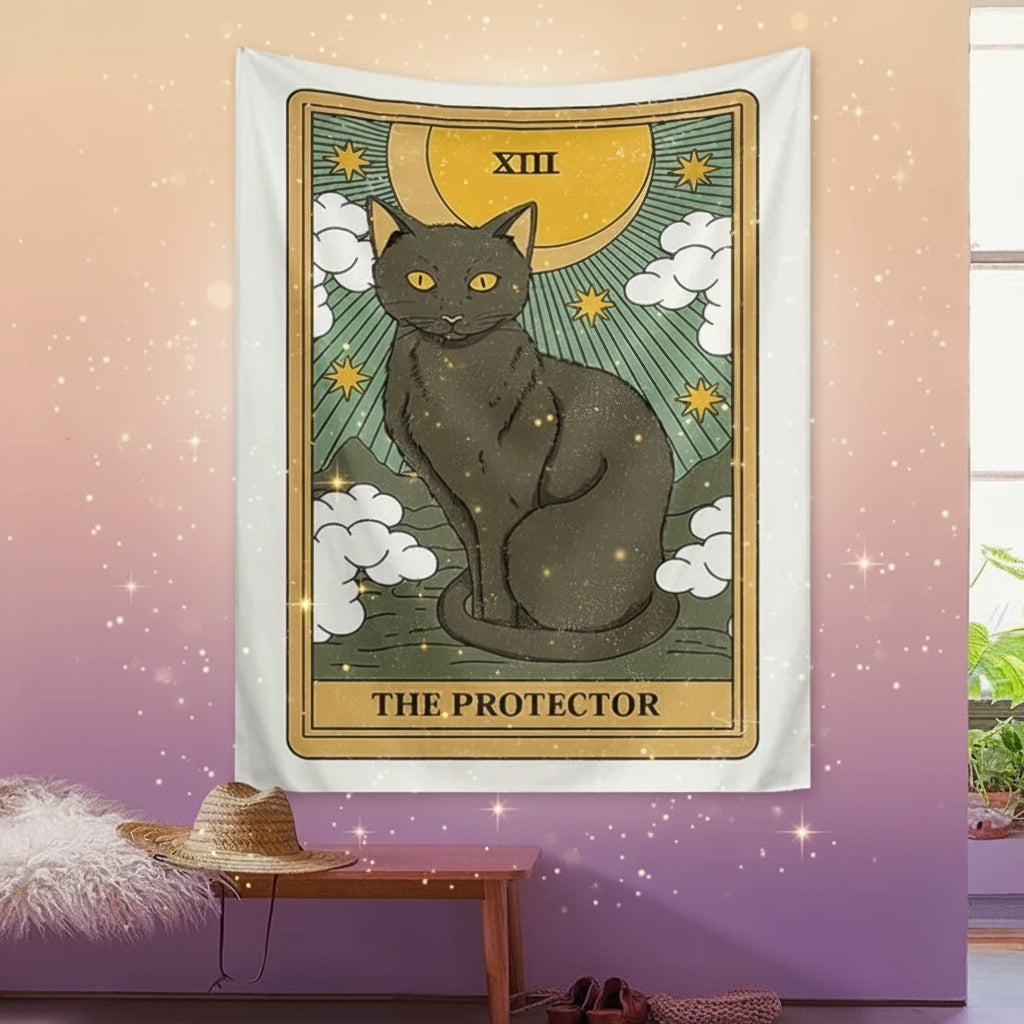 Tapestry with a cat design titled 'The Protector' hanging on a wall.
