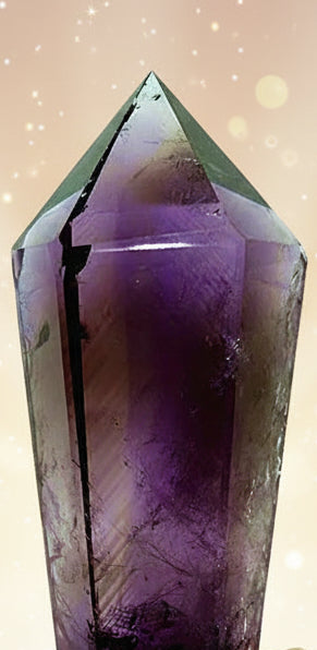 Amethyst crystal held in a hand with a blurred green plant in the background