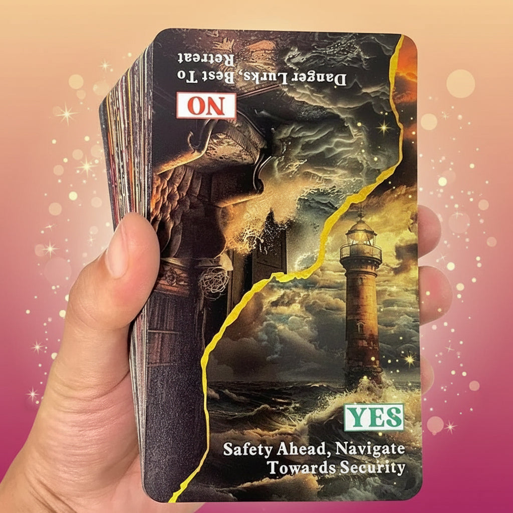 Hand holding a tarot card with a lighthouse and stormy sea design, featuring the text 'Safety Ahead, Navigate Towards Security'.