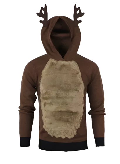 Brown hoodie with deer antlers and a patch on a white background