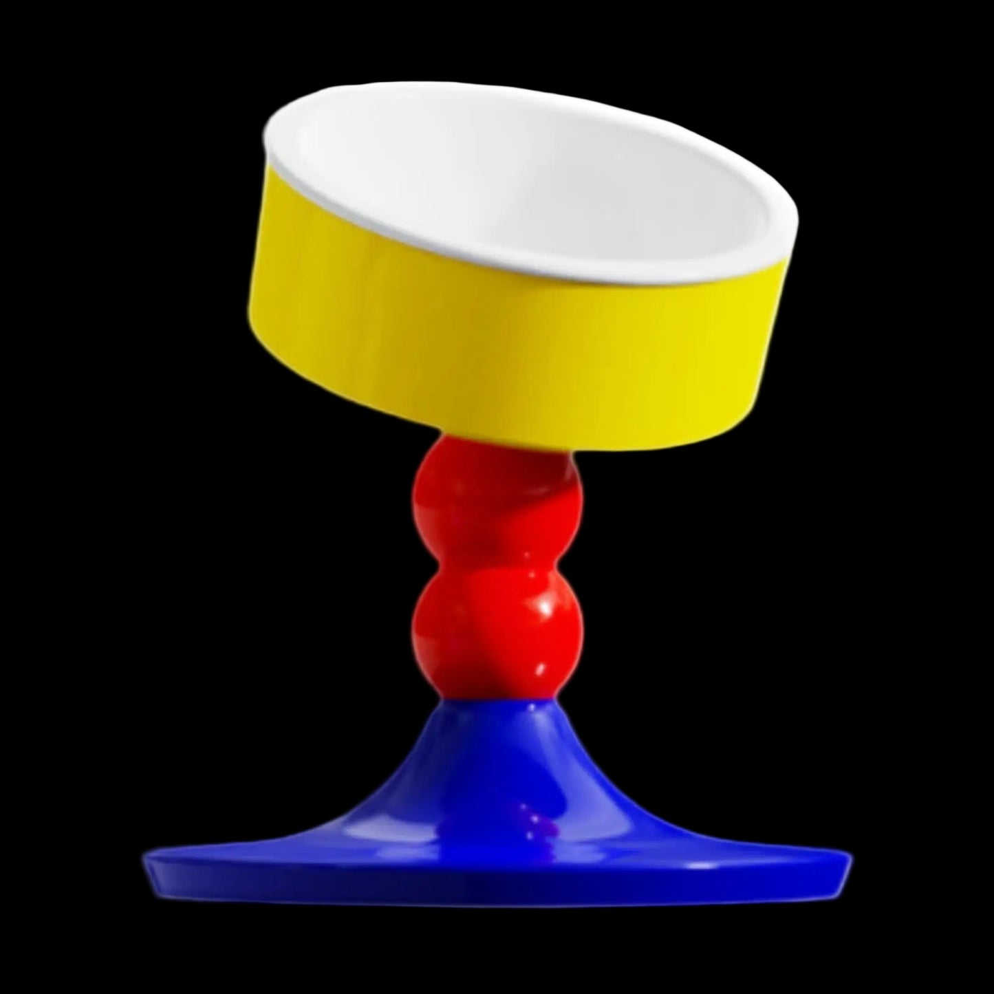 Colorful object with a yellow top, red middle, and blue base on a white background