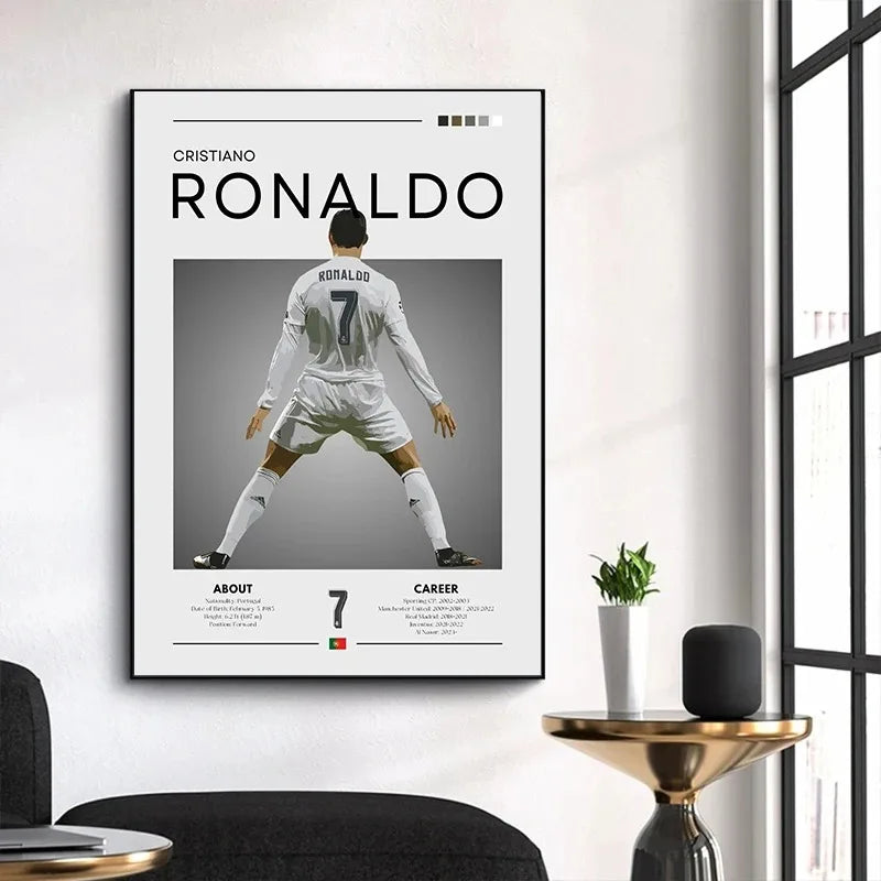 Framed poster of Cristiano Ronaldo on a wall in a modern living room.