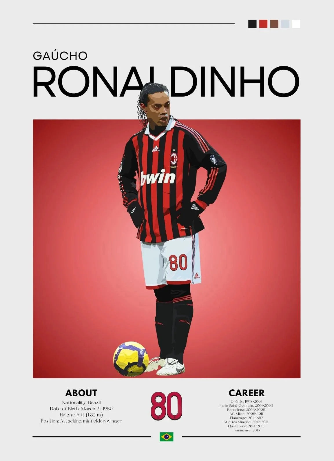 Soccer player in a red and black striped jersey with a ball on a red background