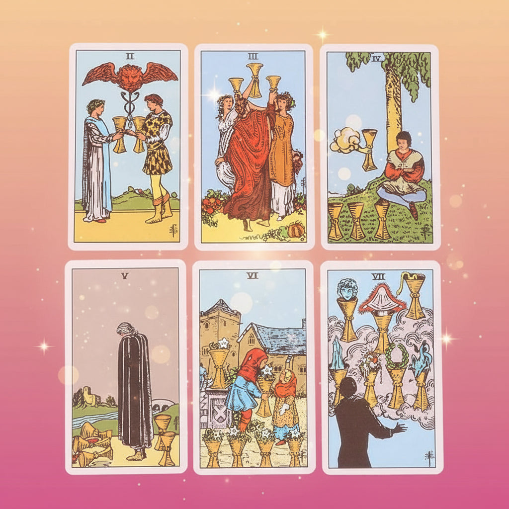 Set of six tarot cards with colorful illustrations on a white background