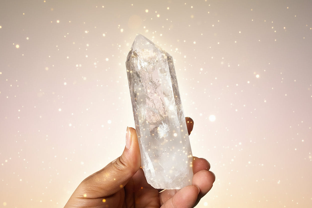 Clear crystal held in a hand with a dark background and green leaves