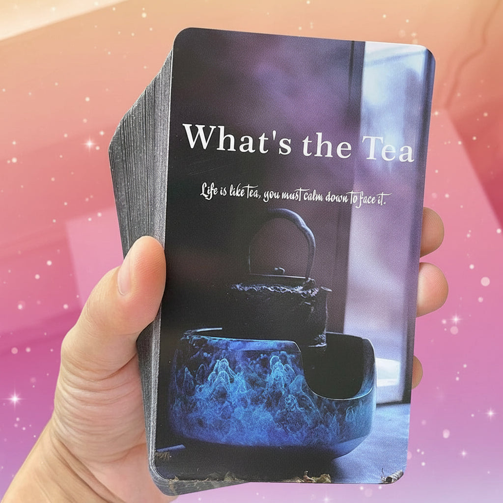 Card with a tea-themed design and text held by a hand