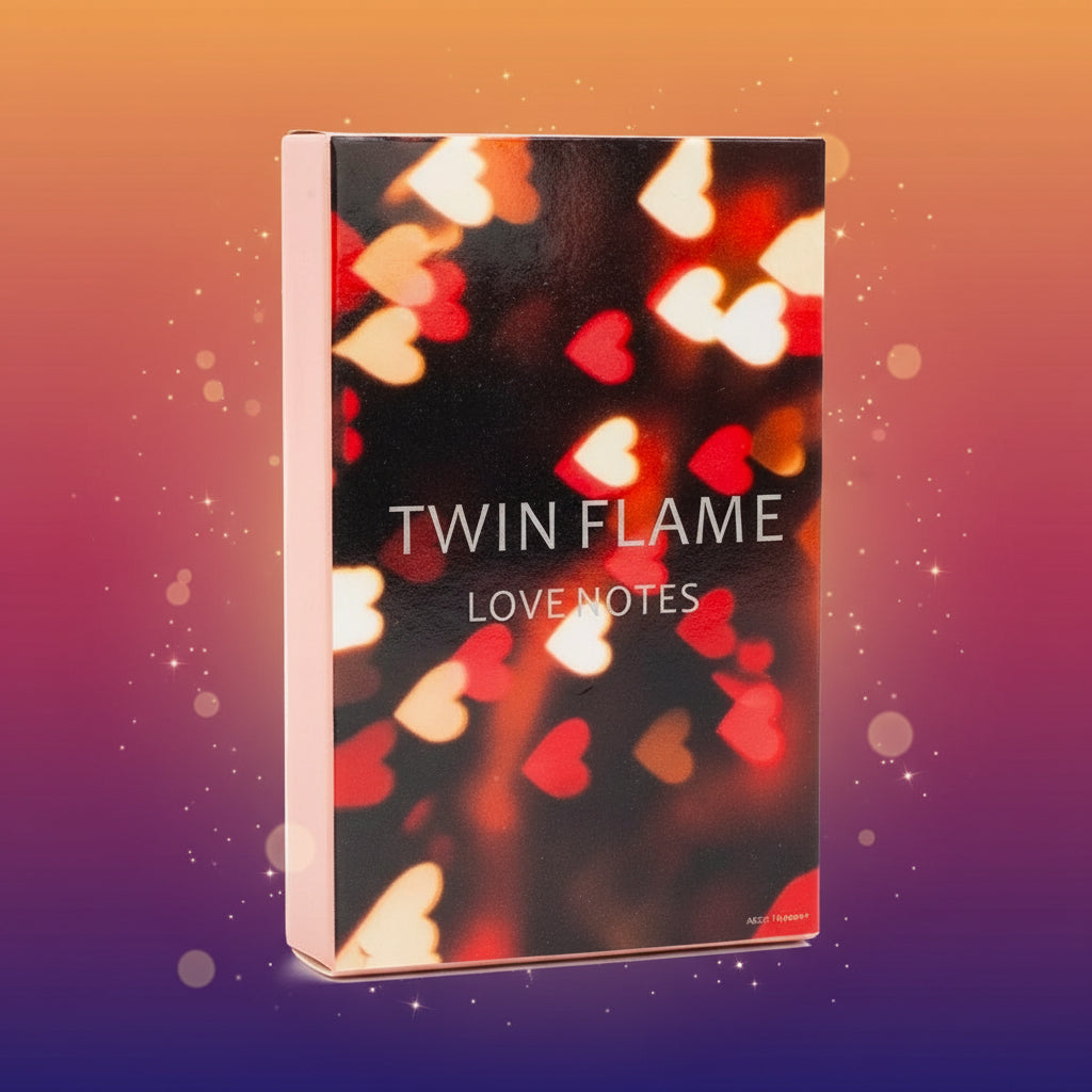 Book titled 'Twin Flame Love Notes' with heart-shaped bokeh design on the cover.