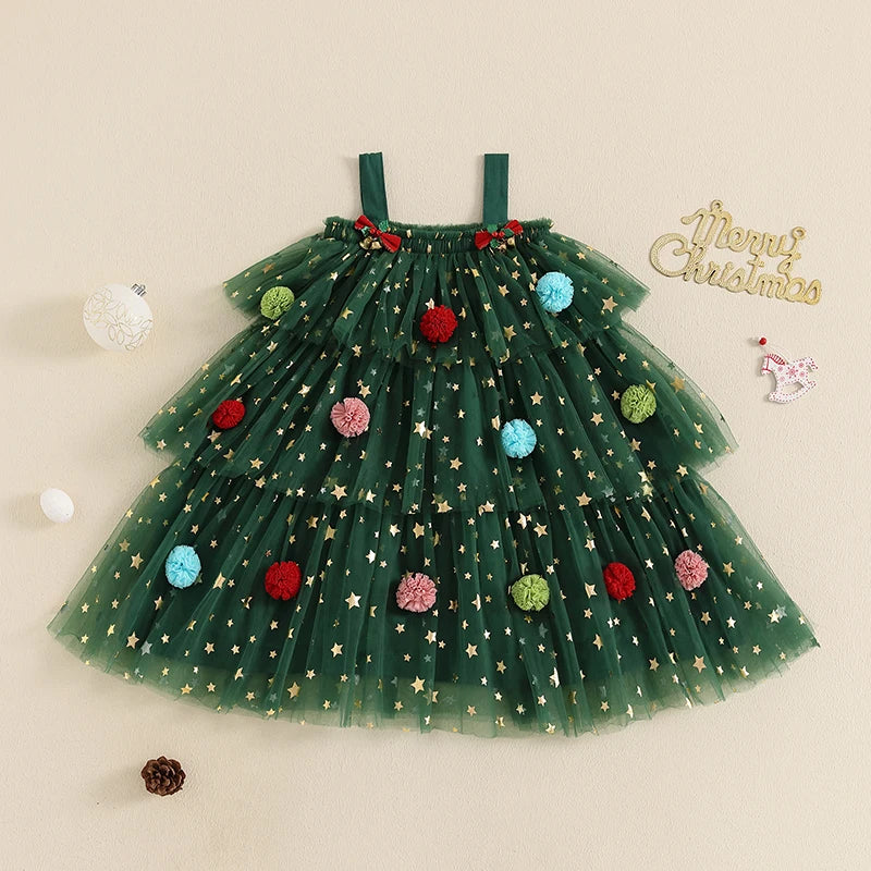 Green dress designed like a Christmas tree with colorful ornaments on a beige background.
