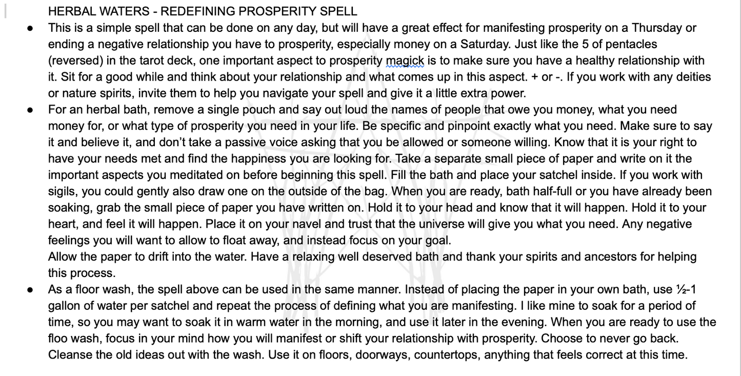 Text describing a spell for manifesting prosperity on a Thursday or ending an ending relationship with a herbal water bath.