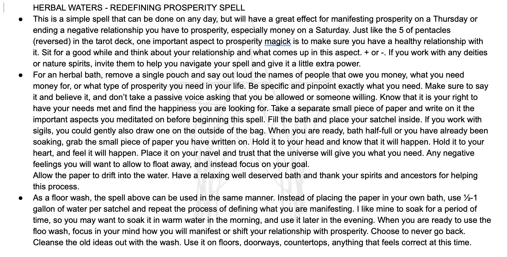 Text describing a spell for manifesting prosperity on a Thursday or ending an ending relationship with a herbal water bath.