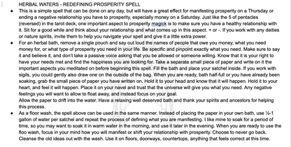 Text describing a spell for manifesting prosperity on a Thursday or ending an ending relationship with a herbal water bath.