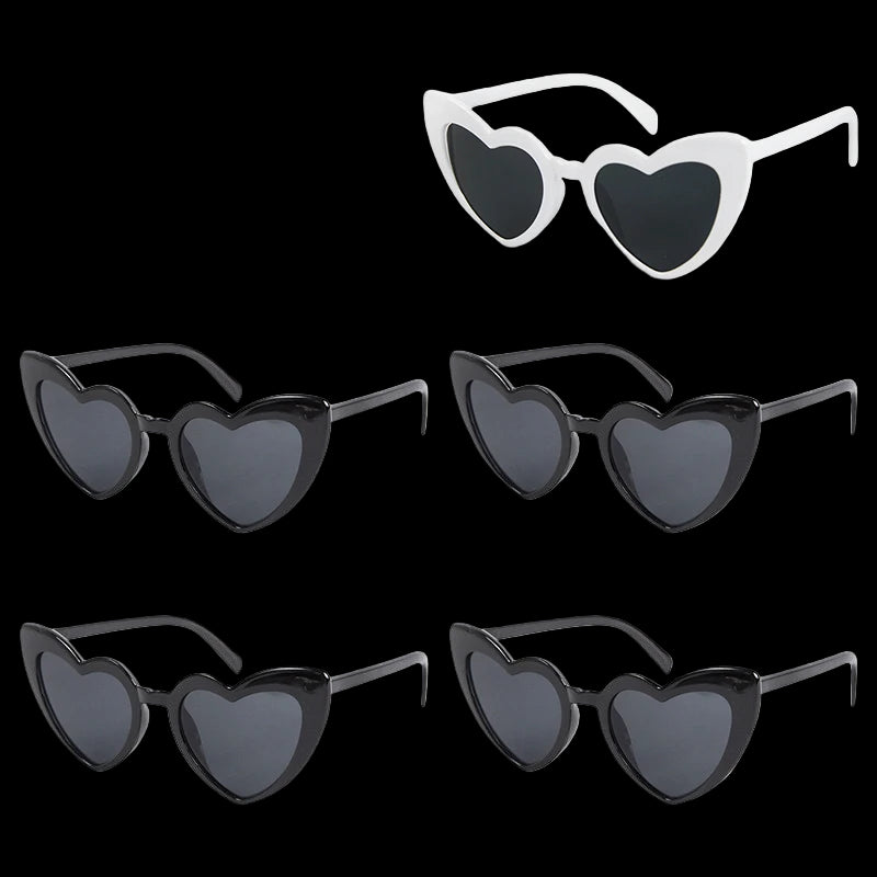 Set of heart-shaped sunglasses with dimensions displayed