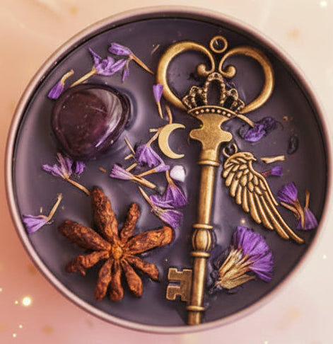 Decorative key with flowers and spices on a branded card with product details.