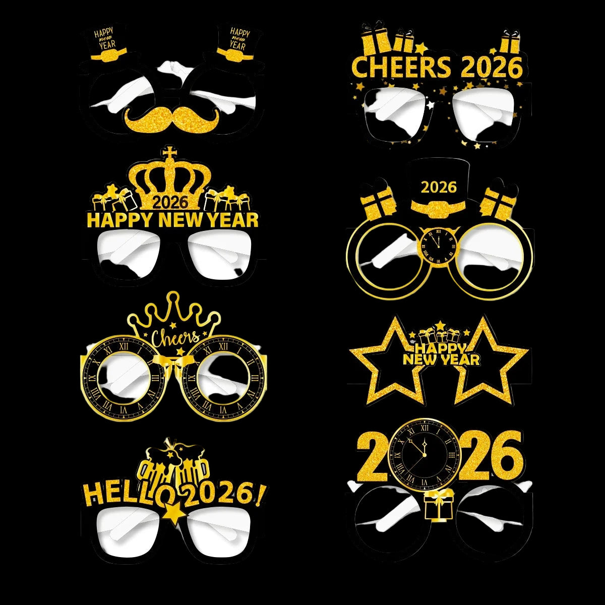 Set of New Year's eve themed glasses with various designs on a white background
