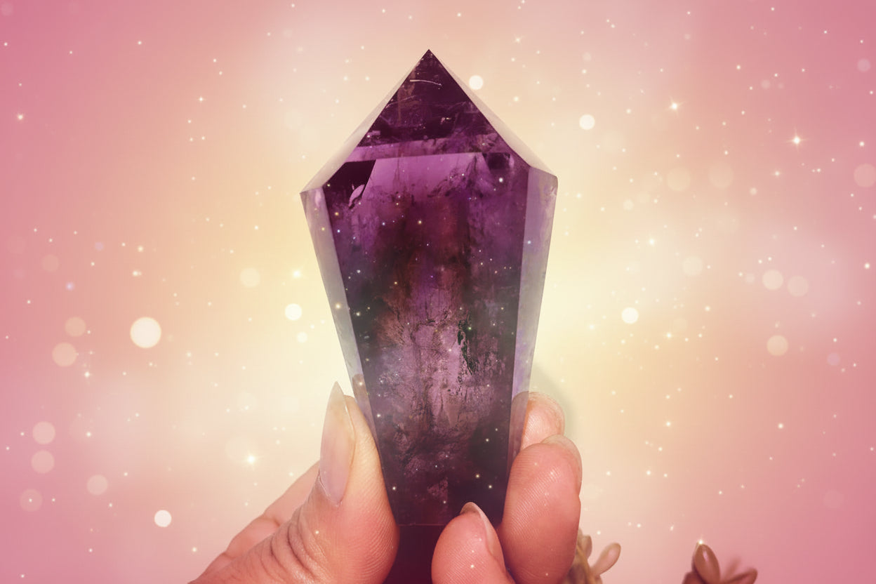 Hand holding a purple crystal against a white background