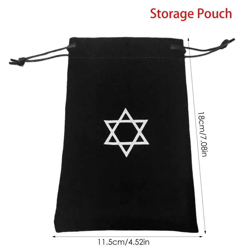 Black storage pouch with a Star of David design and measurements on a white background