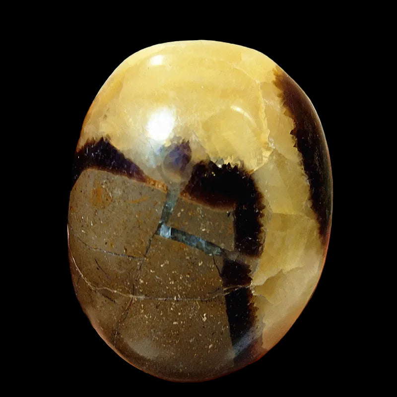 Hand holding a polished stone with brown and beige colors