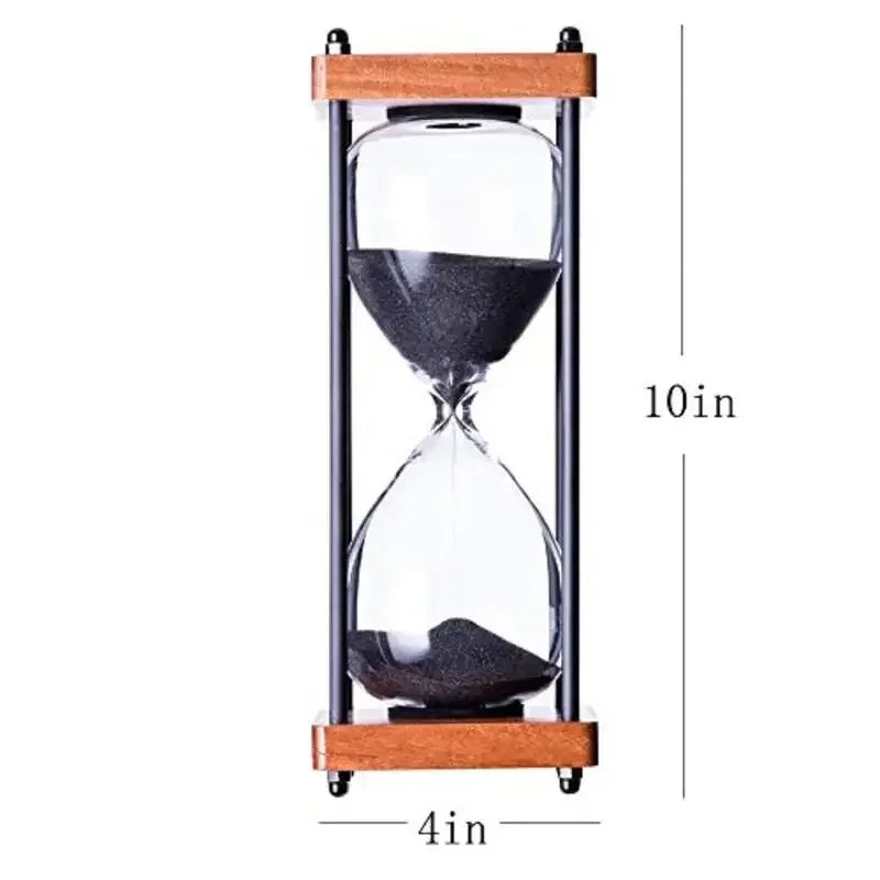 Hourglass with wooden top and bottom on a white background, showing dimensions.