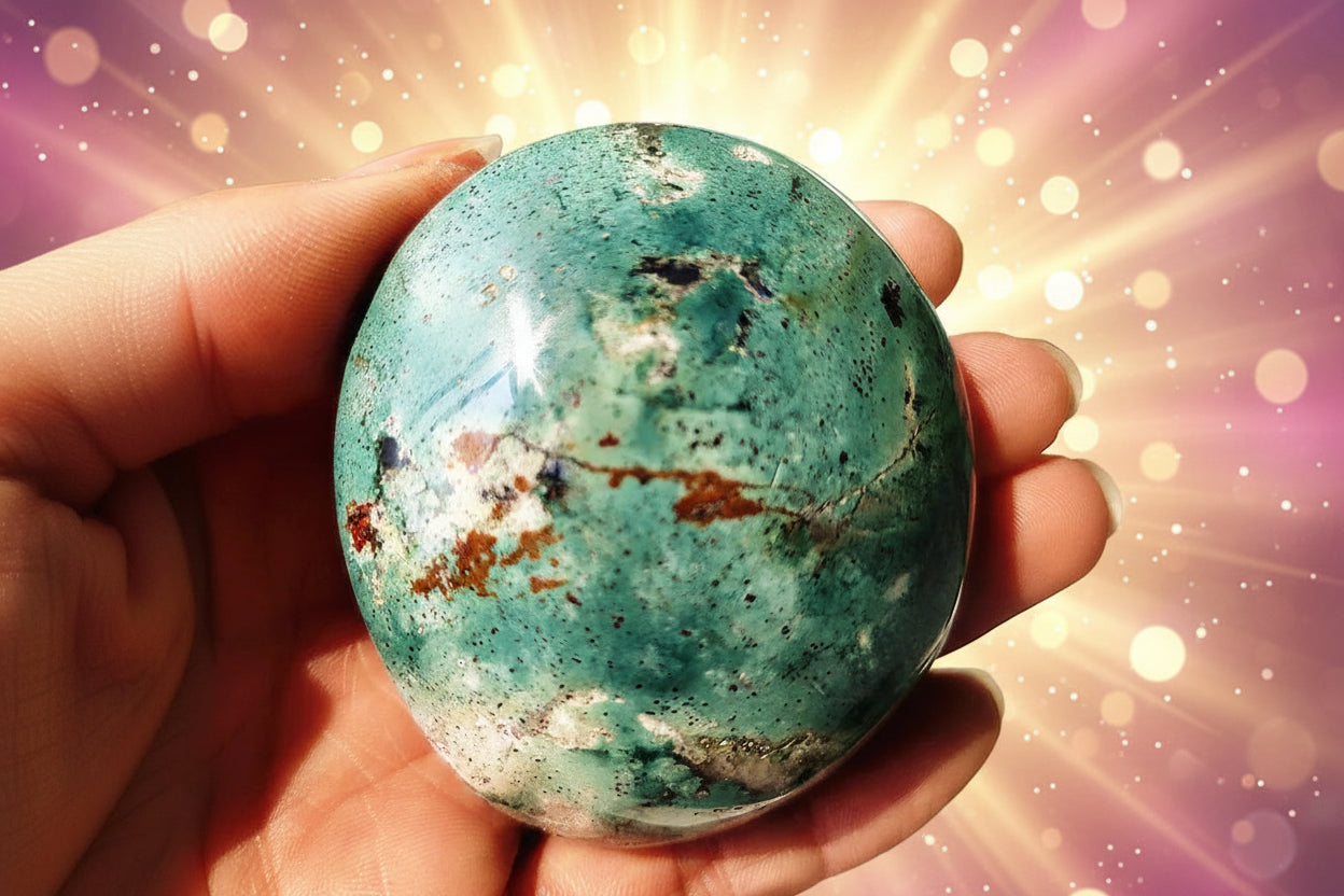 Turquoise stone held in a hand with a natural background