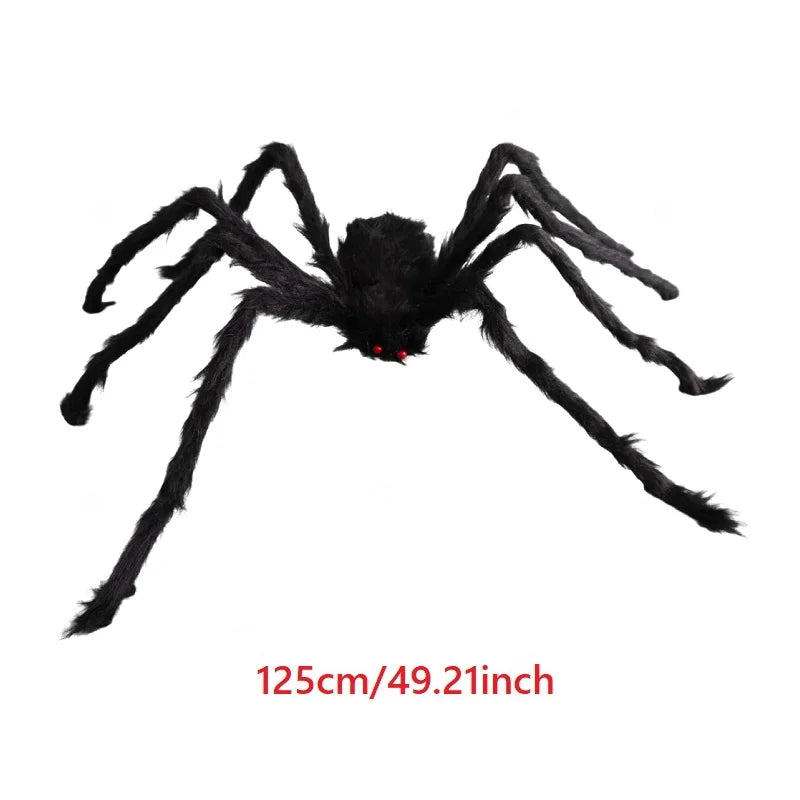 Large black spider decoration with red eyes on a white background, labeled 125cm/49.21inch.