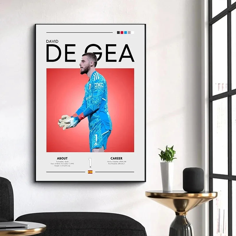 Framed poster of David de Gea in a modern living room setting