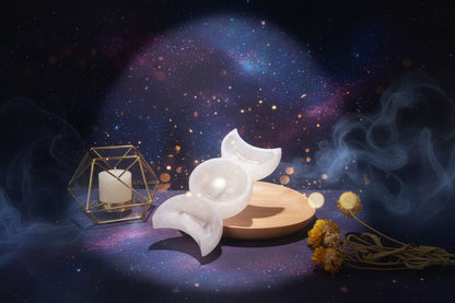 Selenite Triple Moon Bowl for Energy Charging | Moon Goddess Crystal Decor - Lucky Girl Gifts